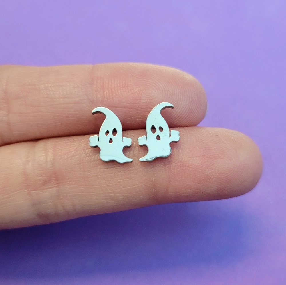 Cute, small, unique ghost shaped silver stainless steel stud earrings